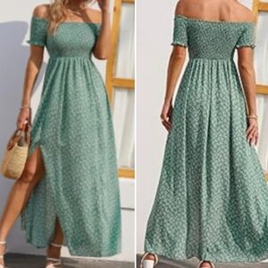 Adorel Green & White Boho Smocked Top Leopard Print Side Slit Maxi Dress